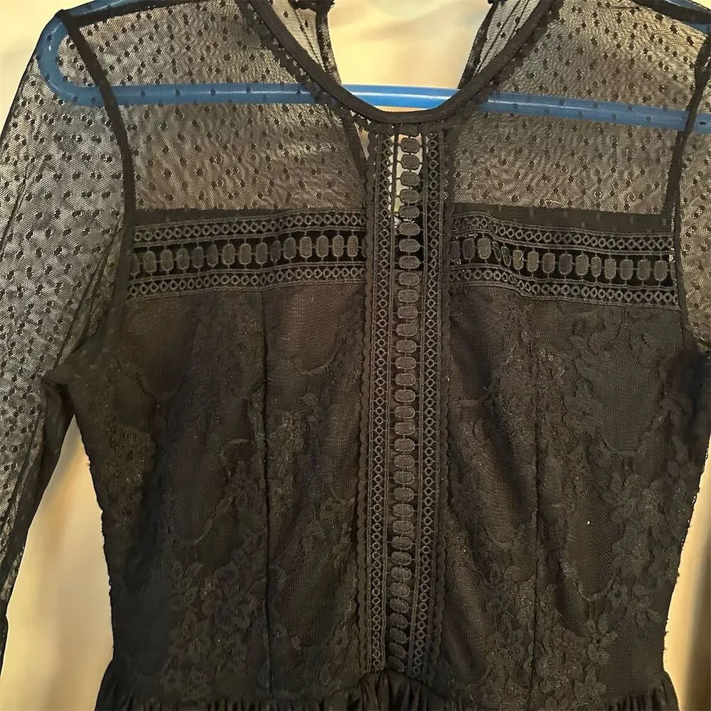 Disney Snow White Black Lace Swing Dress M Polka Dot Party Long Sleeve - Picture 3 of 11